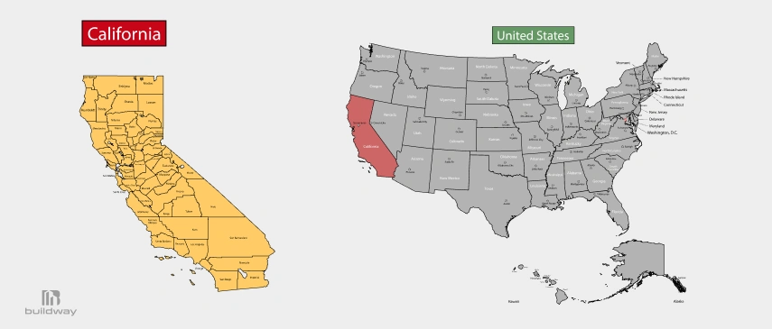 Side-by-side maps of California and the United States, with California highlighted, emphasizing its distinction from other states, possibly in building codes or regulations.