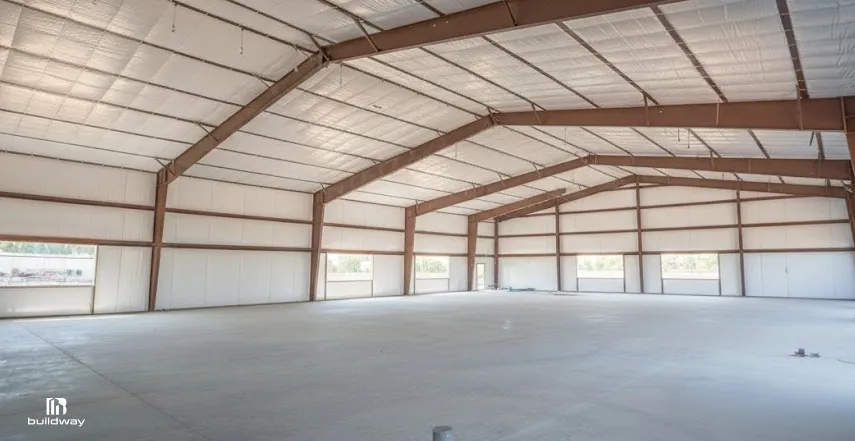 Interior view of a large, empty steel-framed warehouse with insulated roofing and concrete flooring, well-lit by natural light from multiple windows.
