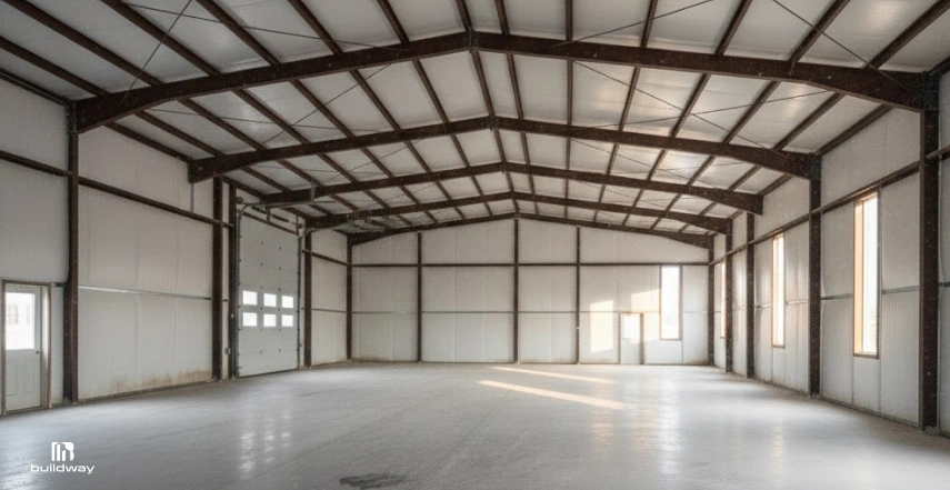 Interior of an empty steel building with exposed beams, insulated walls, concrete flooring, and natural light coming through the windows and doors.