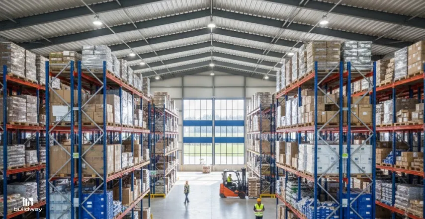 Interior view of a large warehouse with tall industrial shelving racks fully stocked with goods, workers in safety vests, and a forklift in operation beneath a high metal roof with bright overhead lighting.