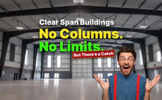 Excited man in front of a large interior space of a Clear Span Steel Buildings with no interior columns, emphasizing open floor space and limitless design potential.
