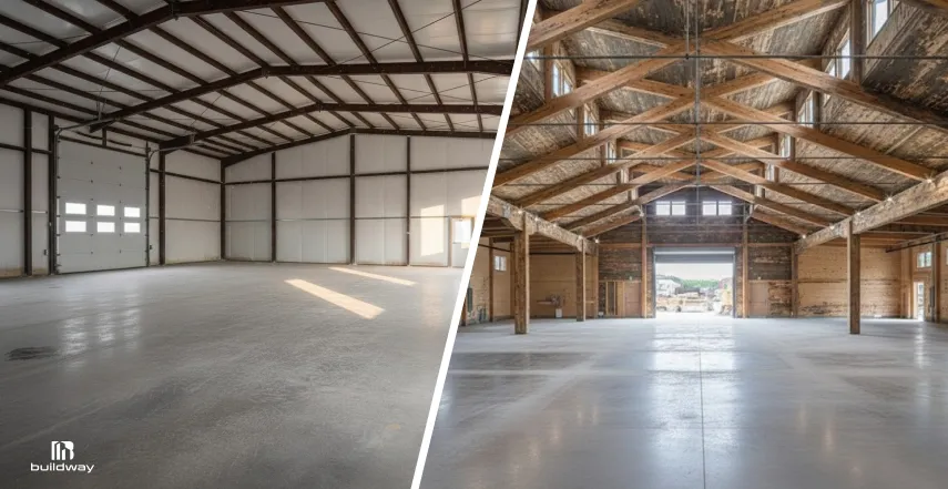 Side-by-side comparison of two building interiors: one with a modern steel clear span design, and the other with an older wooden truss structure.