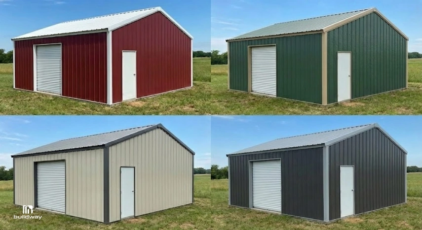Side-by-side comparison of four small steel buildings in different exterior colors, each with a roll-up door and standard entry door.