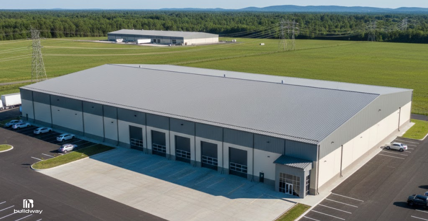 Large commercial steel building with a concrete slab foundation, designed for warehouse use on a flat industrial site.