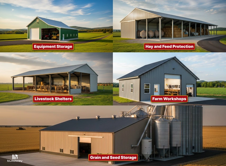 A collage showing five farm buildings: equipment storage, hay and feed shelter, livestock shelter, farm workshop, and a grain and seed storage facility with silos.