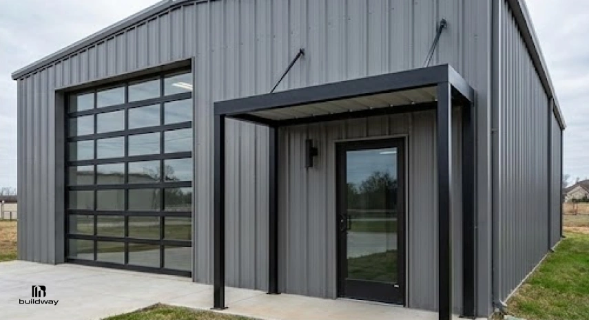Sleek steel building with dark gray vertical panels, full-view glass roll-up door, and black metal awning over a modern entry door.