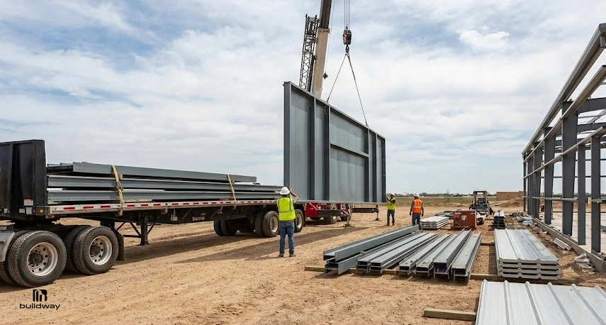 Construction crew assembling a steel building frame using a crane, with materials unloaded from a flatbed truck on a job site.