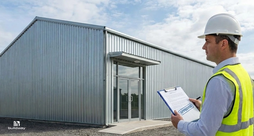 Construction inspector in a hard hat and safety vest holding an approved clipboard, standing in front of a completed steel building.