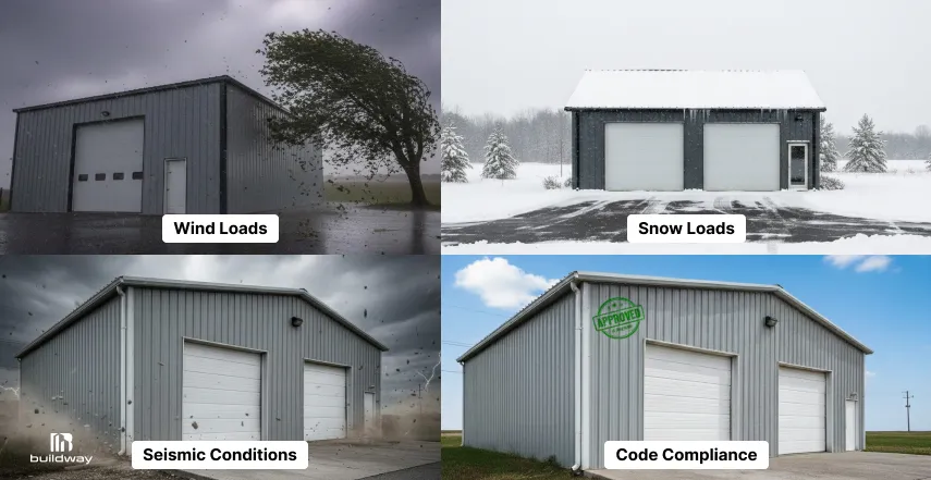 Cold-formed steel buildings designed for wind loads, snow loads, seismic conditions, and building code compliance in different environments.