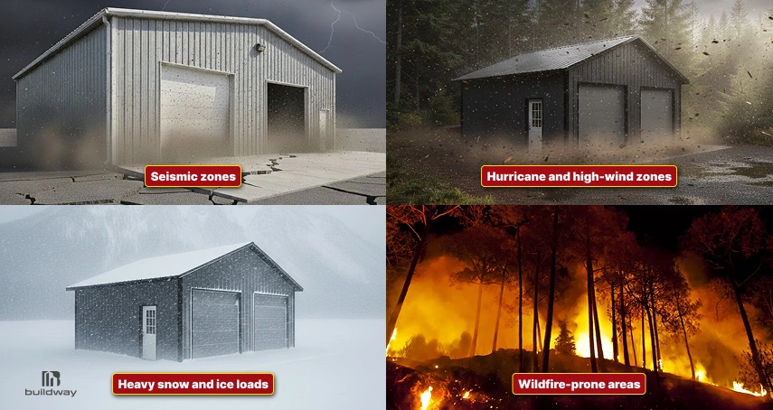 Four steel buildings shown under extreme conditions: earthquakes, hurricanes, snow loads, and wildfires, illustrating environmental risks buildings must withstand.