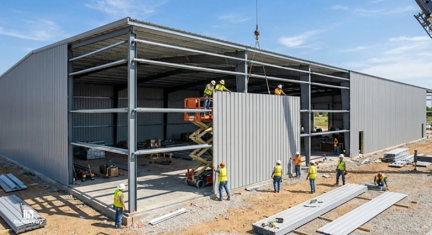 Crew installing wall panels on a large steel building under construction, using a crane and scissor lift.