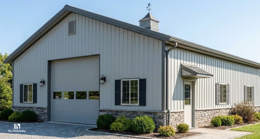 Modern steel building with stone wainscoting, large garage door, multiple windows, and landscaped exterior, designed for residential or workshop use.