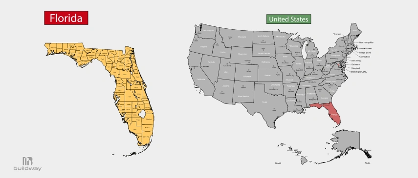 Side-by-side maps of Florida and the United States, with Florida highlighted, used to emphasize Florida’s unique position or regulations compared to other states.