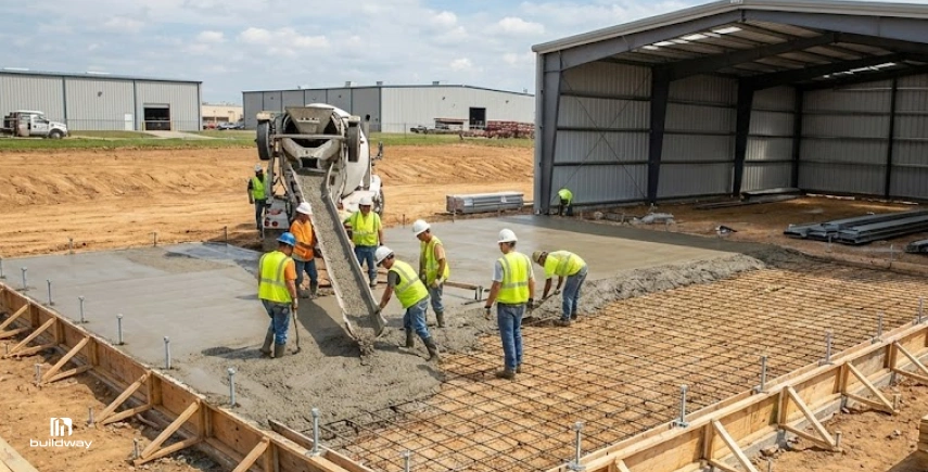 Construction workers pouring and leveling concrete foundation for a steel building using a cement truck on-site.