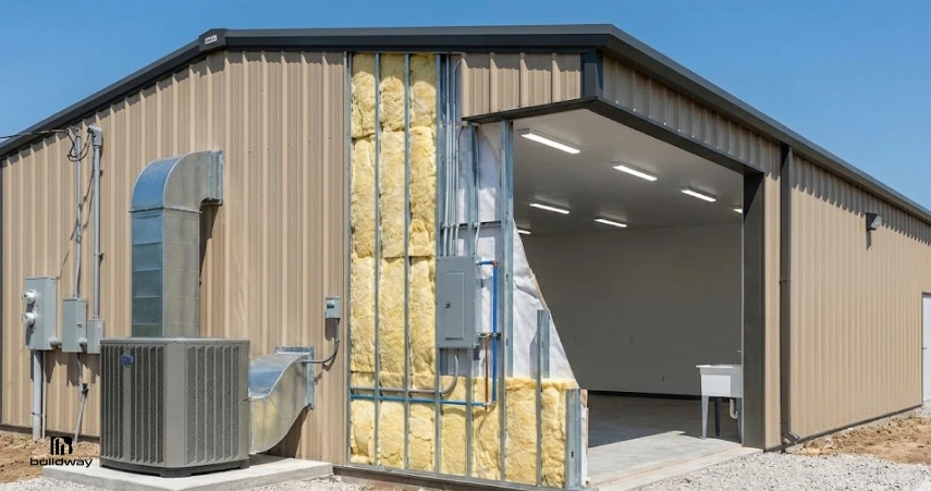 Steel building with a section cut away to show interior insulation, HVAC system, and electrical panel, highlighting energy efficiency and utility installation.
