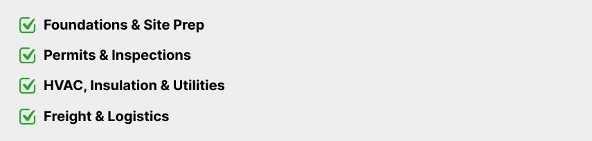 Checklist of building-related services: Foundations & Site Prep, Permits & Inspections, HVAC, Insulation & Utilities, and Freight & Logistics, each marked with a green check icon.