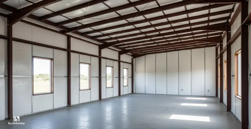 Interior of an insulated steel building with exposed steel framing, finished wall panels, multiple windows, and a concrete floor.