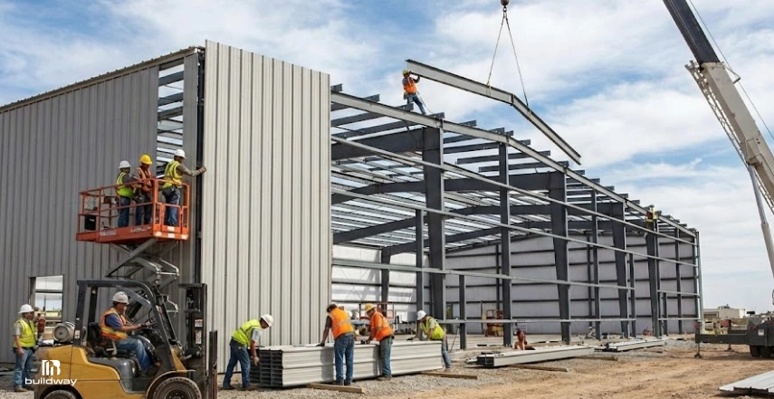 Construction crew assembling a large steel building frame with cranes and heavy equipment on a job site under a partly cloudy sky.