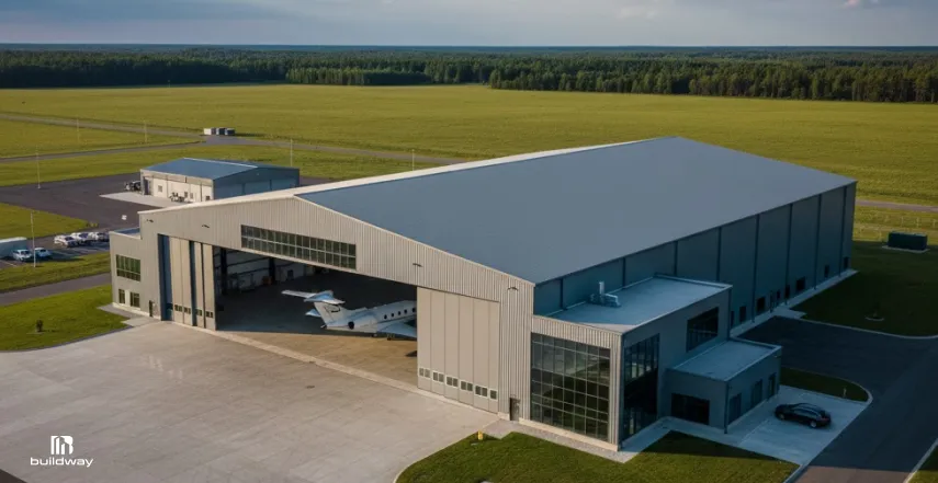 Large metal aircraft hangar with open bay doors housing a private jet, featuring attached office space and surrounded by paved areas and open fields.