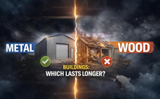 Metal vs wood building comparison image showing a sturdy metal structure with a green checkmark versus a collapsing wooden building with a red X, emphasizing which building type lasts longer.