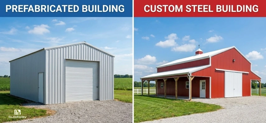 Side-by-side comparison of a prefabricated metal building and a custom steel barn-style building, showing differences in design and finish.