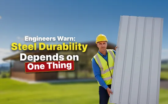 Engineer wearing a hard hat and high-visibility vest holding a steel panel beside a building, with text highlighting factors that affect Steel Building Durability and long-term structural strength.