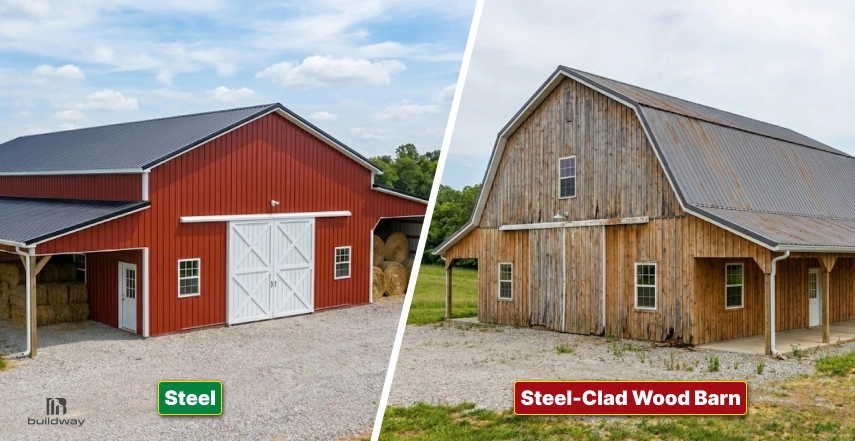 A side-by-side comparison of two barns: a red steel barn with white doors on the left, and a weathered steel-clad wood barn on the right, both set on gravel lots.