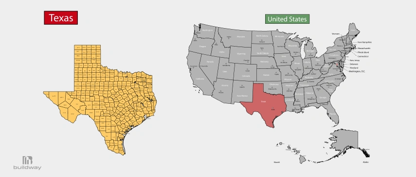 Side-by-side maps of Texas and the United States, with Texas highlighted, used to emphasize Texas in comparison to other U.S. states.