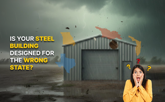 Steel building in extreme weather with U.S. state outlines and warning text, highlighting climate risks and the top states for steel buildings in USA.