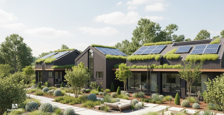 Modern eco-friendly homes featuring solar panels and green roofs, surrounded by sustainable landscaping and trees in a residential community setting.