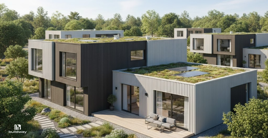 Contemporary modular homes with flat green roofs and large glass windows, set in a landscaped eco-community surrounded by trees and native plants.