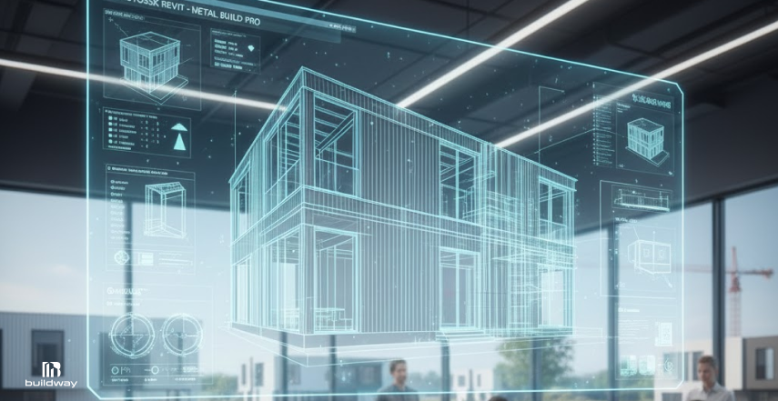 Futuristic architectural design interface displaying a 3D holographic model of a modern prefabricated building, inside a high-tech office with people collaborating in the background.
