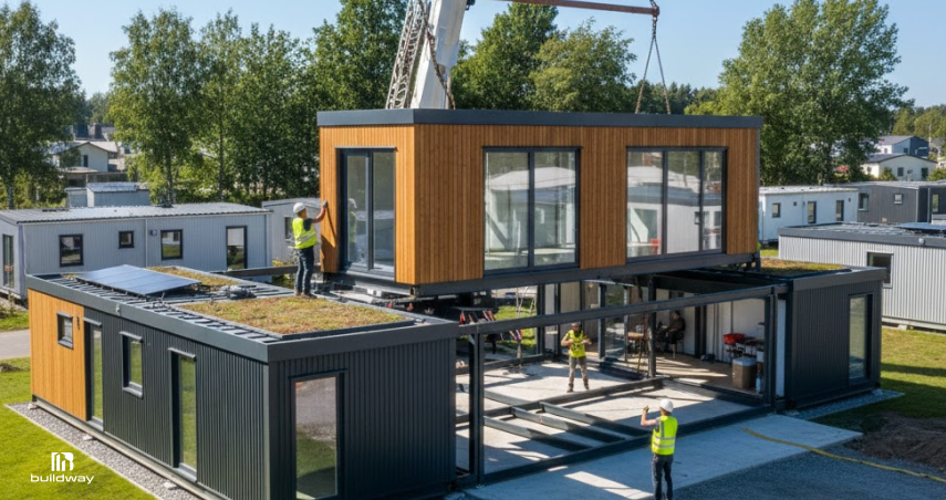 Construction workers installing an upper modular unit onto a modern prefabricated building using a crane, with eco-friendly features like green roofs and solar panels visible in a residential area.