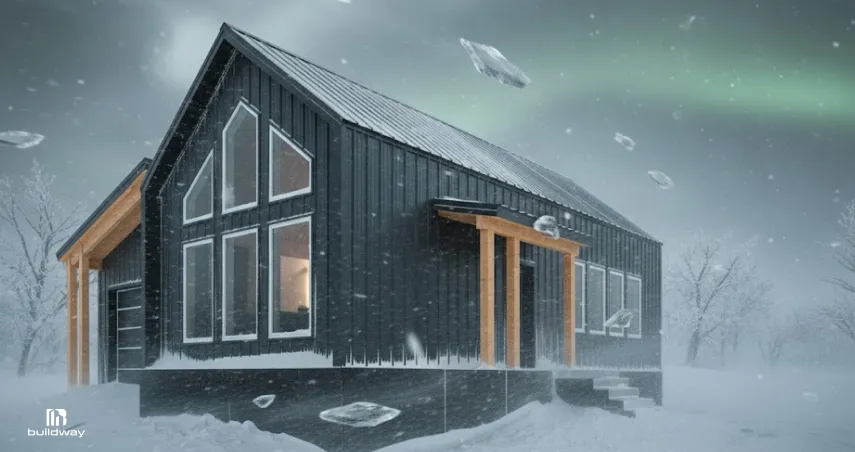 Modern black metal-clad home with large windows, shown in a snowy winter landscape with falling ice and visible northern lights in the sky, highlighting cold climate durability.