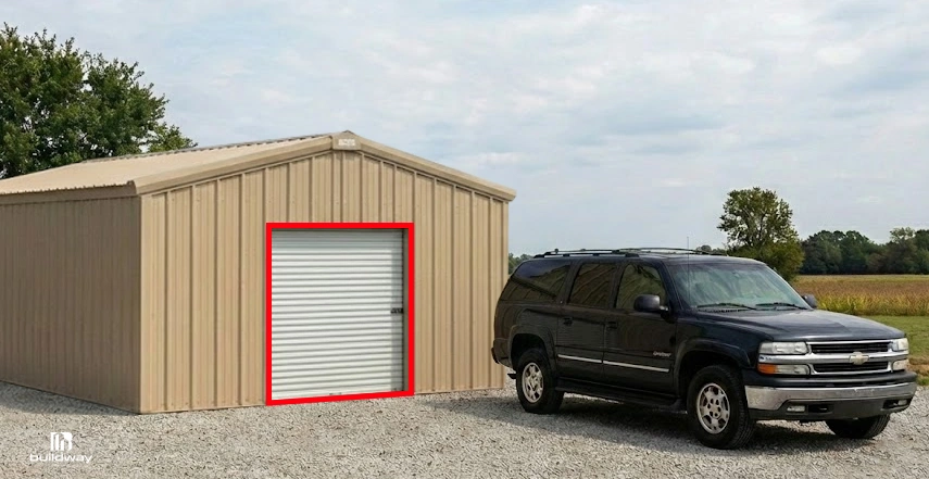 Metal storage building with a highlighted roll-up door opening, shown next to an SUV to illustrate door size and vehicle clearance.