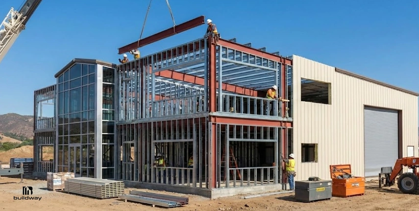 Construction crew installing a steel beam on a modern commercial building with a glass entrance and metal framing in progress.