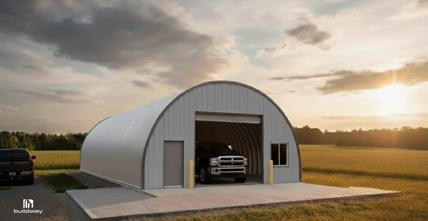 A metal arched garage building in a rural field at sunset, with a large pickup truck parked inside and a gravel driveway beside it.