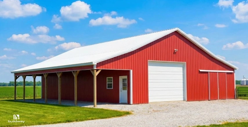 A bright red barn with a white metal roof sits on a gravel driveway, featuring a large garage door, a side entry door, and a covered open-air extension supported by wooden posts, surrounded by green fields under a blue sky.