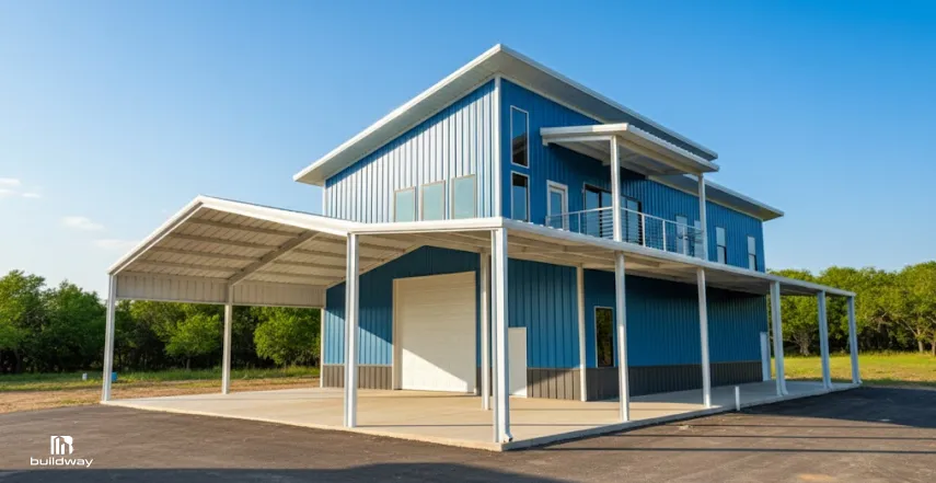 Modern blue metal building with a covered carport and second-floor balcony, surrounded by trees under a clear blue sky.