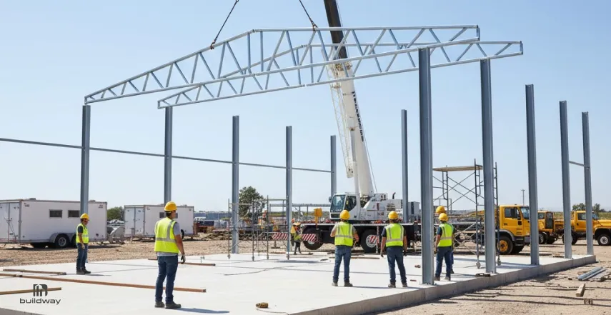 Construction crew guiding a crane as it lifts a steel roof truss into place on a metal building frame, with workers in safety gear standing on a concrete slab at a job site.