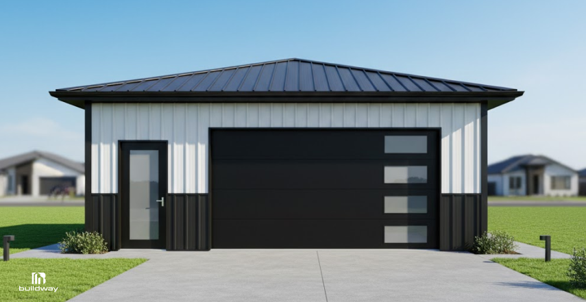 Modern prefabricated steel building with a black metal roof, large garage door, and minimalistic design, representing emerging Metal Building Trends 2026 in residential construction.