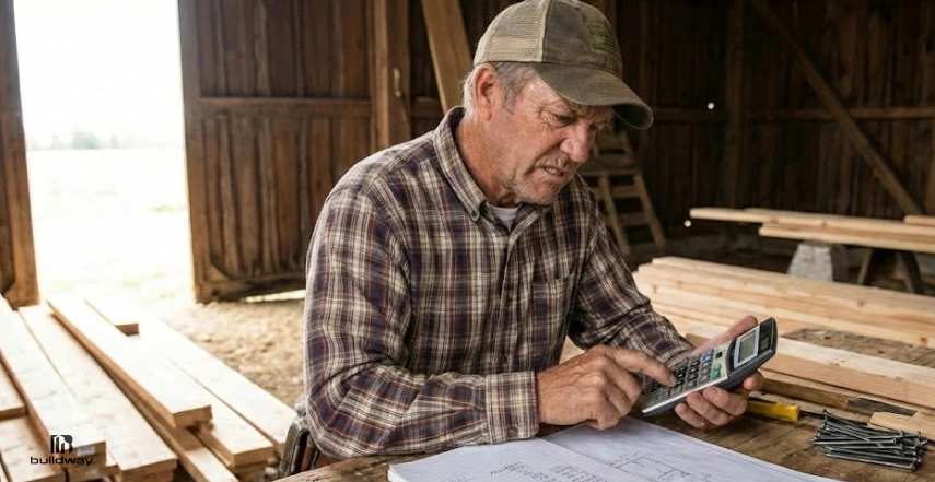 An older man wearing a plaid shirt and baseball cap uses a calculator while reviewing building plans inside a wooden workshop, with lumber and nails on the table around him.
