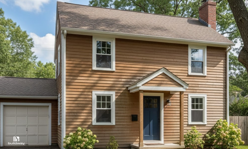 Traditional two-story wood-clad house with blue front door, gable porch, attached garage, and surrounding greenery.