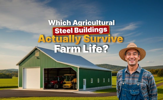 A green agricultural steel building on a farm with a farmer in overalls standing beside it, showcasing durability and farm-ready steel construction.