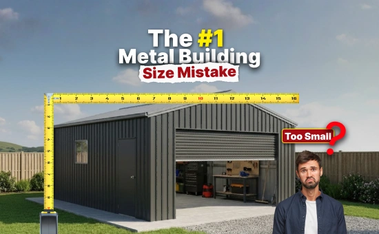 Visual example of the most common mistake when choosing metal building size, highlighting a garage that's too small with a frustrated man and measuring tape overlay.