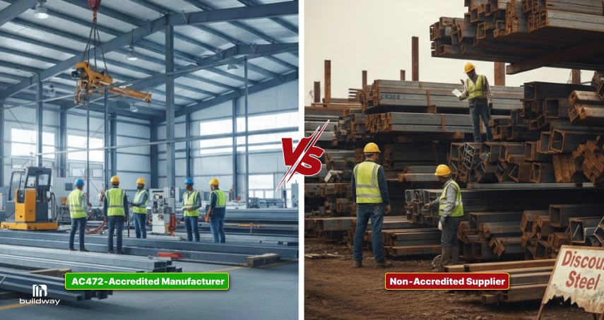 Side-by-side comparison showing an accredited steel manufacturer operating in a controlled factory environment versus a non-accredited steel supplier with stacked materials in an outdoor yard.