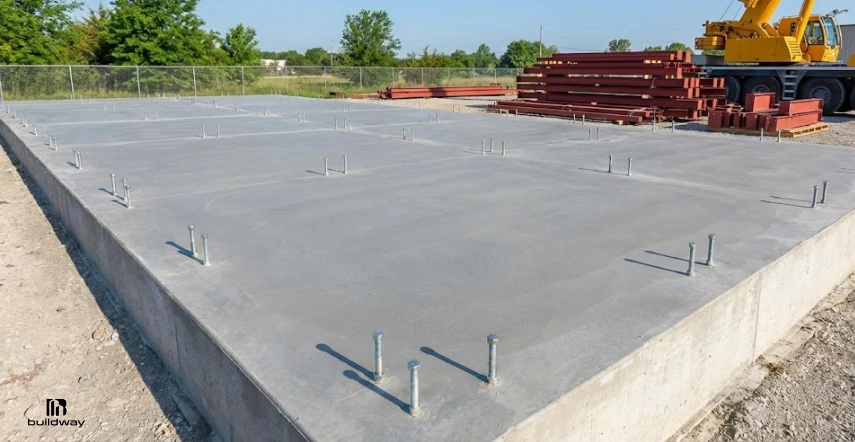 Concrete slab foundation with anchor bolts set in place, steel beams stacked nearby, and a crane positioned on a construction site ready for building assembly.