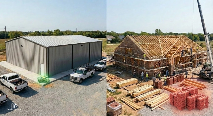 Side-by-side comparison showing a completed metal building with work trucks parked outside on the left, and a traditional wood-framed building under active construction with workers, scaffolding, and materials on the right.