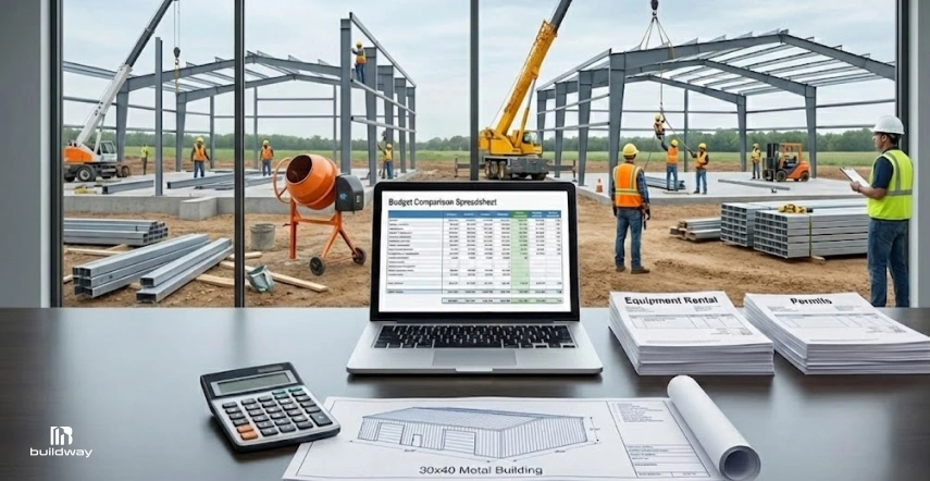 Laptop displaying a construction budget spreadsheet on a desk with calculator and building plans, overlooking workers assembling multiple steel building frames with cranes on a job site.