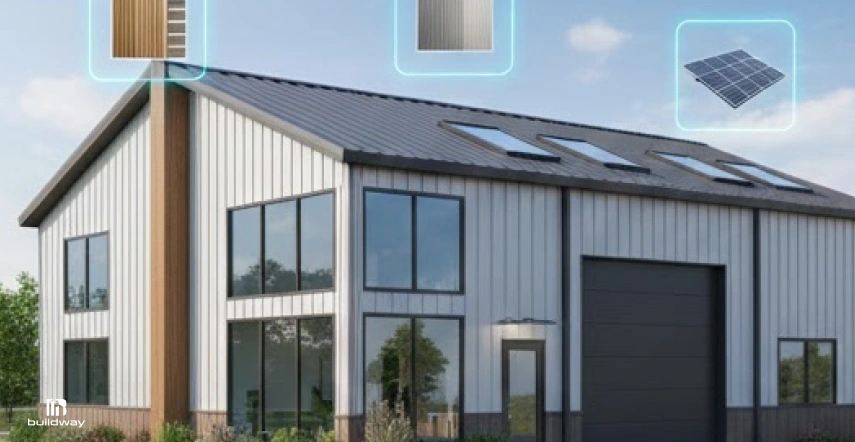 Modern metal building with large windows, skylights, and design callouts for siding, roofing, and solar panels.